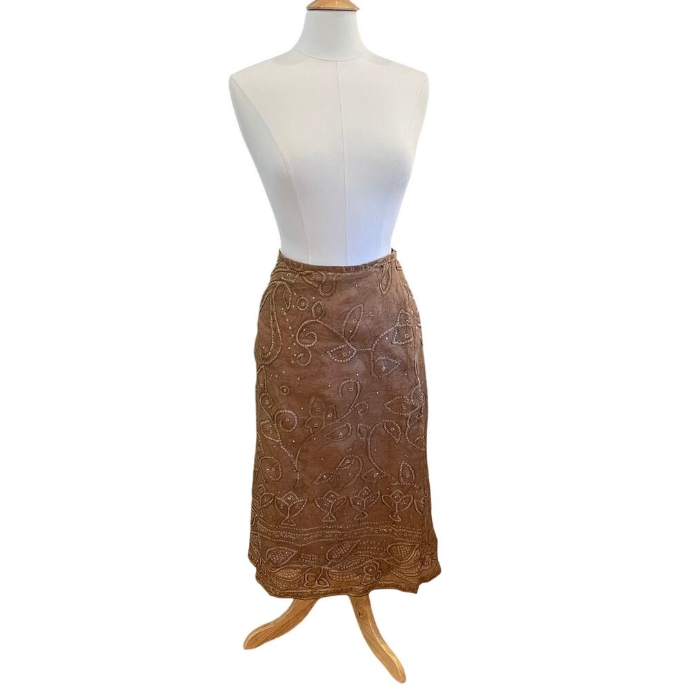 French Connection Tan Embroidred Sequin 100% Silk Midi Skirt, Boho, Size 10